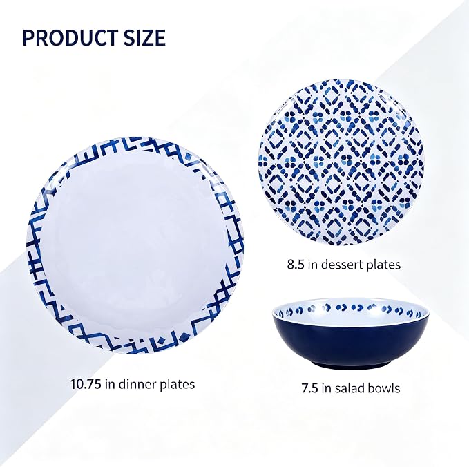 12pcs Melamine Dinnerware Set - Unbreakable Plates and Bowls Set- Blue Grid Stripes Design Dinner Dish Set - Modern Dinnerware Set for 4 - Break-Resistant Dishwasher Safe for Indoor/Outdoor Use