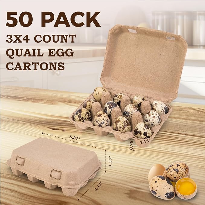 50 Pack Quail Egg Cartons, 3x4 Style Paper Pulp Quail Egg Trays, Sturdy & Reusable Quail Egg Holder 12 Count Dozen Quail Egg Storage Tray for Farmers, Home Use & Transport