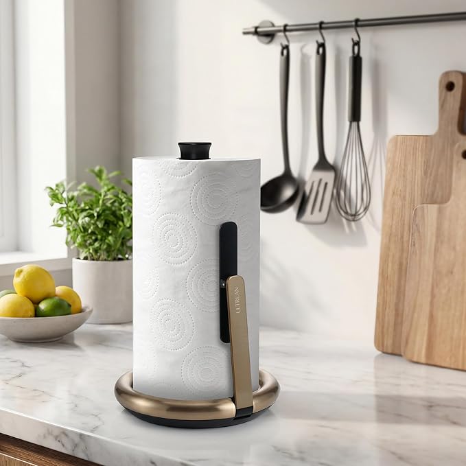 Ultrean Paper Towel Holder Countertop, Freestanding Paper Towel Dispenser with Spring-Loaded Arm for One-Handed Tear, Weighted Non-Slip Base, Stainless Steel for Kitchen, Gold