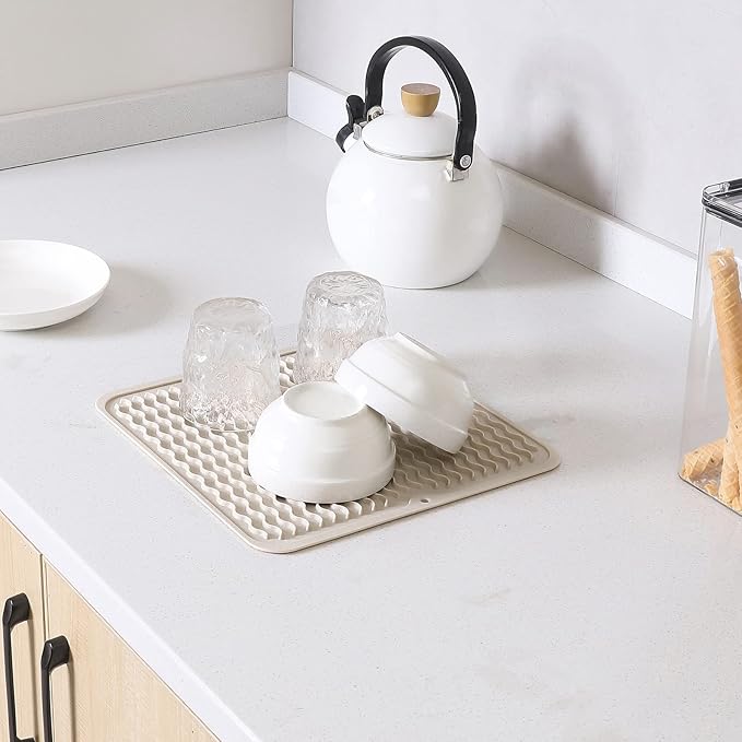 MicoYang Silicone Dish Drying Mat for Multiple Usage,Easy clean,Eco-friendly,Heat-resistant Silicone Mat for Kitchen Counter or Sink,Refrigerator or Drawer liner Tapioca M 12 inches x 12 inches