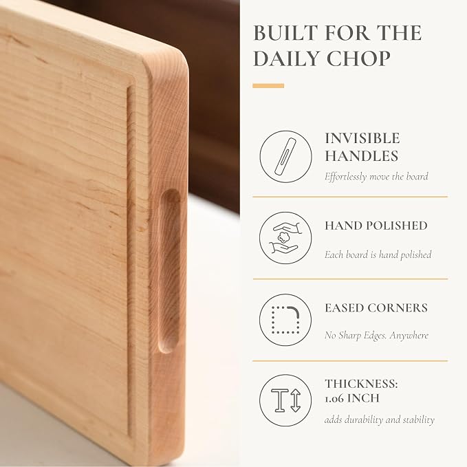 Vandroop Premium Hard Maple Cutting Board for Kitchen - 18"x12"x1.06" Reversible Wood Chopping Board with Juice Groove, Edge Grain Butcher Block