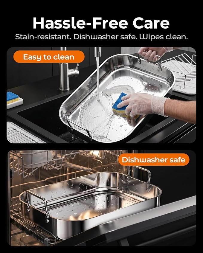 Stainless Steel Roasting Pan with Rack, Heavy-Duty Turkey Roasting Pan for Oven, Includes Two Bakinng Rack Insert, Perfect for Holiday Turkey & Everyday Meal Prep, Fits Up to 24 lbs Turkey