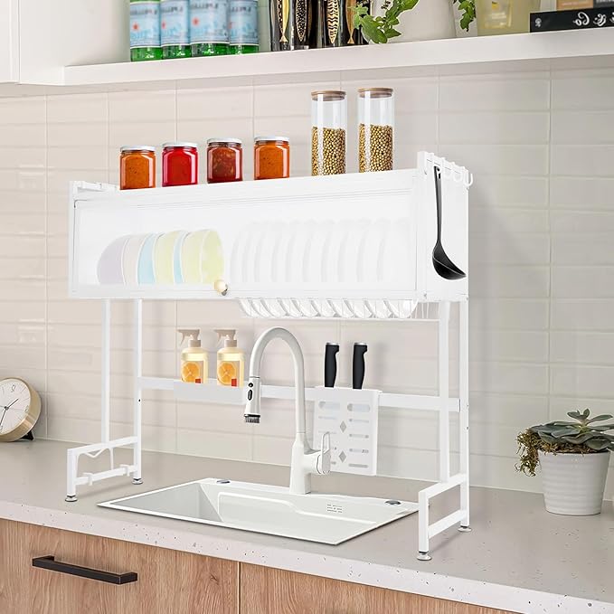 Over The Sink Dish Drying Rack 2 Tier Large Dish Drainer Drying Rack 37.4" W Multifunctional Kitchen Organizers and Storage for Dishes, Glasses, Bowls, and Cutlery (White)