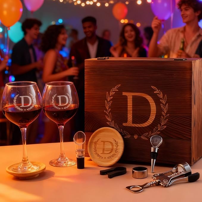 GZLDGIFTS Personalized Initial Wine Glasses Box Gift Set For Women Mom Engraved Birthday Monogrammed Wooden Christmas Gifts Wedding Anniversary Wine Couples Stopper Opener Initial Letterr (J Set)