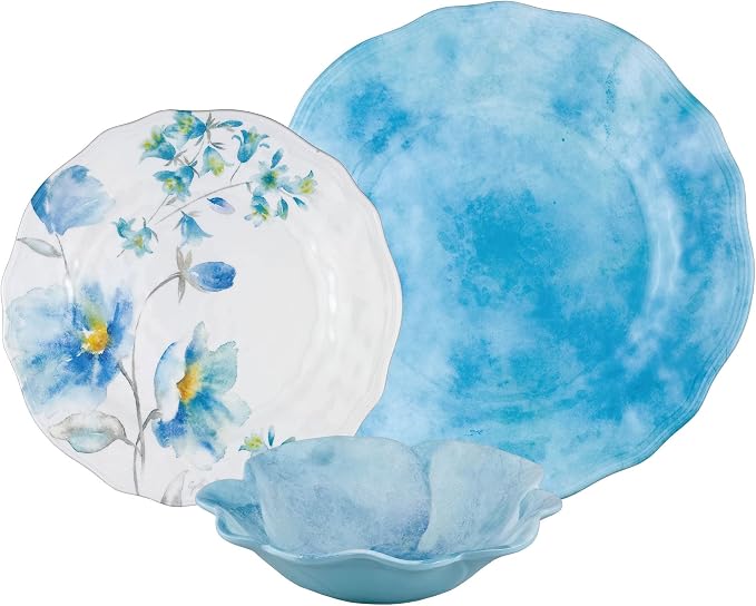 UPware 12 Piece Campanula Melamine Dinnerware Sets, Outdoor Dishes Set, Plates and Bowls Sets, Service for 4, Sky Blue