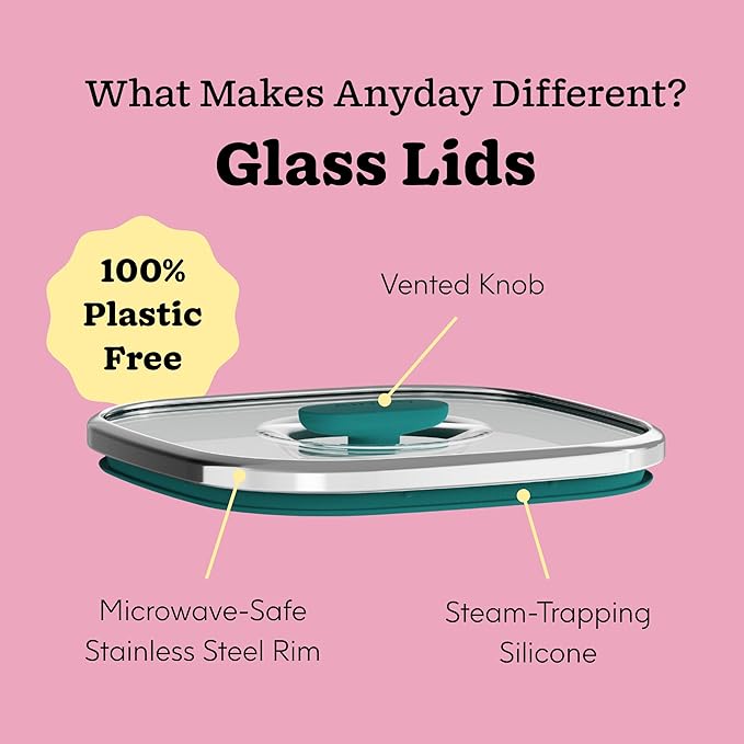 Anyday 5.5-Cup Square Glass Food Storage with Glass Lid | Plastic-Free Meal Prep & Microwave Cookware | Stackable Airtight Storage Container with Vented Lid for Microwave-Safe Reheating
