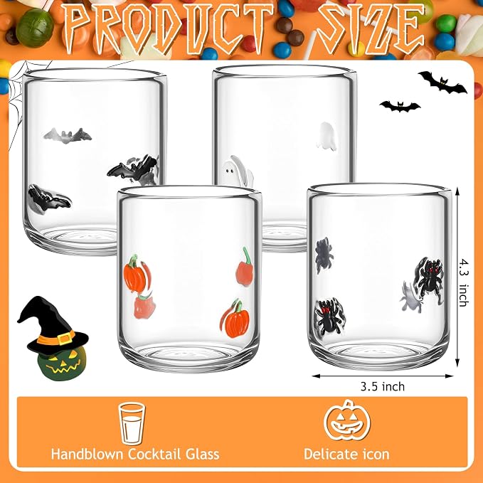 Skylety 4 Pcs Halloween Icon Glass Cups Set - 14oz Pumpkin Spider Bat Ghost Stemless Wine Glasses Double Old Fashioned Icon Hand Blown Drinking Cups for Halloween Party Supplies & Gift