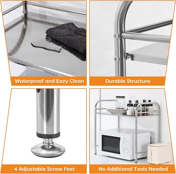Microwave Ovens Rack Width 60 × Depth 34.5 × Height 56 cm Stainless Steel Kitchen Rack Storage Shelf Space-Saving Kitchen Organization Multi-Purpose Compatible Easy Assembly