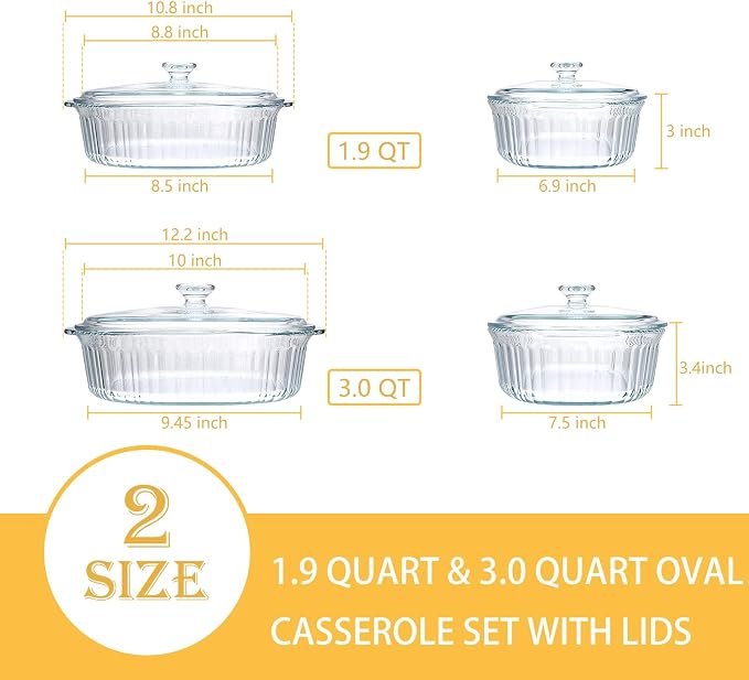 2 Pack Glass Casserole Baking Dishes with Lids for Oven,1.9 Qt and 3 Qt Ribbed Oval Glass Serving Dishes Bakeware Set for Lasagna,Casseroles,Leftovers,Cooking,Kitchen