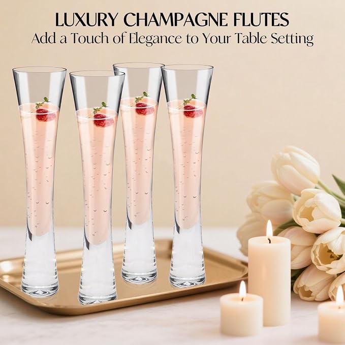 Champagne Flutes Set of 2, Hand Blown Crystal Champagne Glasses, Modern Unique Design, Lead-Free Prosecco Flutes, Elegant Toasting Glasses Gift for Wedding, Anniversary, Birthday, Christmas