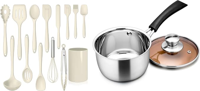 LIANYU 2QT Saucepan with Cooking Utensils, 2 Quart Stainless Steel Sauce Small Pot Soup Milk Pan, Silicone Kitchen Utensils Set with Holder, Dishwasher Safe