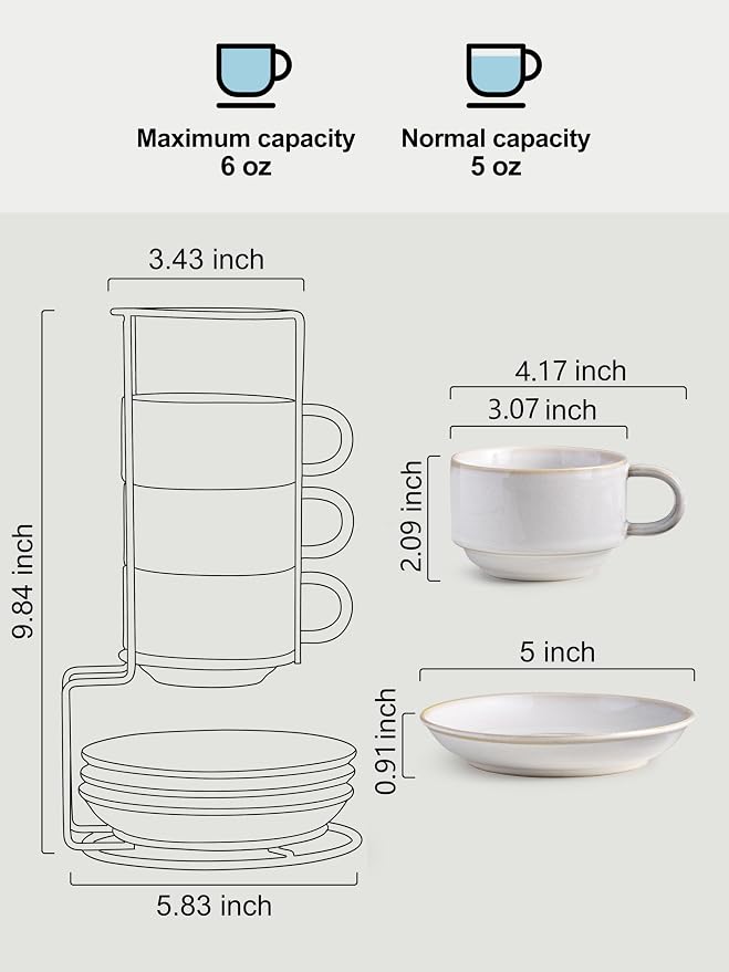 Gomakren 6 Ounce Cappuccino Cups with Saucers and Metal Stand, Stackable Coffee Cup Set of 4, Father's Day Porcelain Espresso Cups for Coffee Drinks, Cappuccino, Latte, Americano, Tea, White