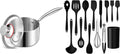 LIANYU 1QT Saucepan and 14 Pcs Cooking Utensils Set with Holder, Tri-Ply 18/10 Stainless Steel Sauce Pan with Lid