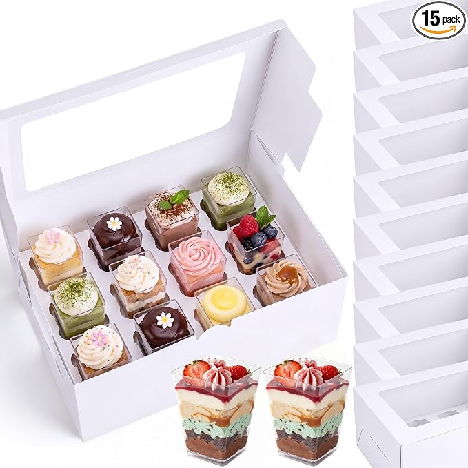15 Pack Dessert Shooter Box with Window, Holds 12 Count 5 oz Square or Round Cups, Disposable Dessert Carrier for Party & Catering, 12.8 x 8.8 x 5.5 Inch