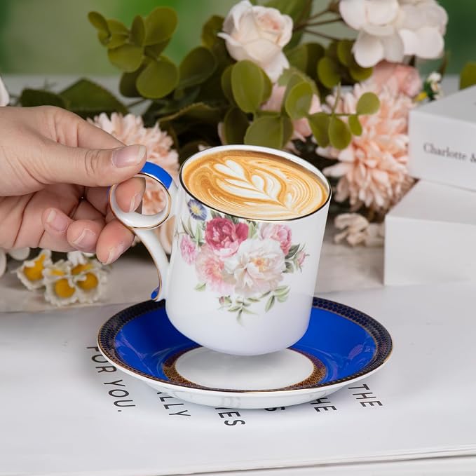 KAMMAK Tea Cups and Saucers Set of 2, Porcelain Coffee Cups, Stackable Espresso Mugs, Ceramic Demitasse for Coffee, Cappuccino, Latte, Americano, Tea, Blue