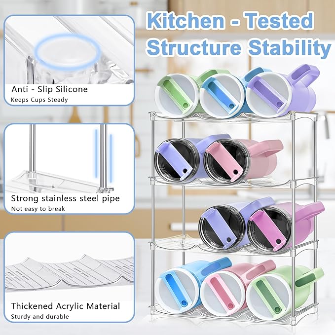 Stackable Water Bottle Organizer - Large Compartment Stanley Cup Holder, Water Bottle Holder for Stanley Tumbler 40oz, Tumbler Organizer Kitchen Pantry Organization and Storage, 4 Tier Storage Rack