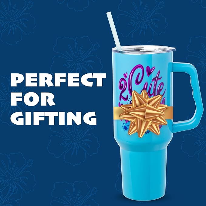 Silver Buffalo Disney Lilo and Stitch “2 Cute” Double Walled Stainless Steel Tumbler with Handle, Fits in Standard Cup Holder, 40 Ounces