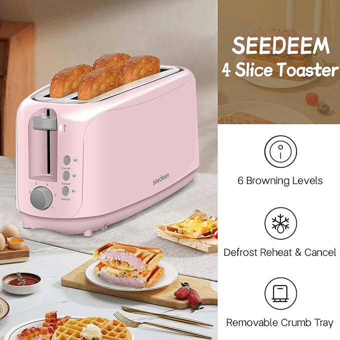 SEEDEEM 4 Slice Toaster, Extra Wide Slots Bread Toaster with 6 Shade Settings, Bagel/Cancel/Defrost/Reheat Functions, Removable Crumb Tray, Auto Shut-Off, Pink