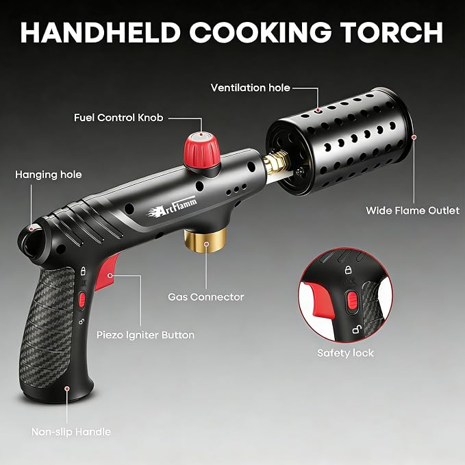 ARTFLAMM Propane Torch with Safety Lock, Powerful Cooking Blow Torch Gun for Grill, BBQ, Sous Vide & Charcoal– Adjustable Flame Cooling Vents Design (Tank Not Included)