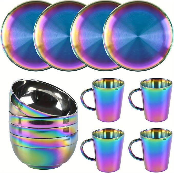 Stainless Steel Dinnerware Set - Plates and Bowls Set With Coffee, Pasta, Kitchen Utensils - KITCHEN AND DINING Essentials- is Dishwasher Safe and Microwave Safe （Rainbow）