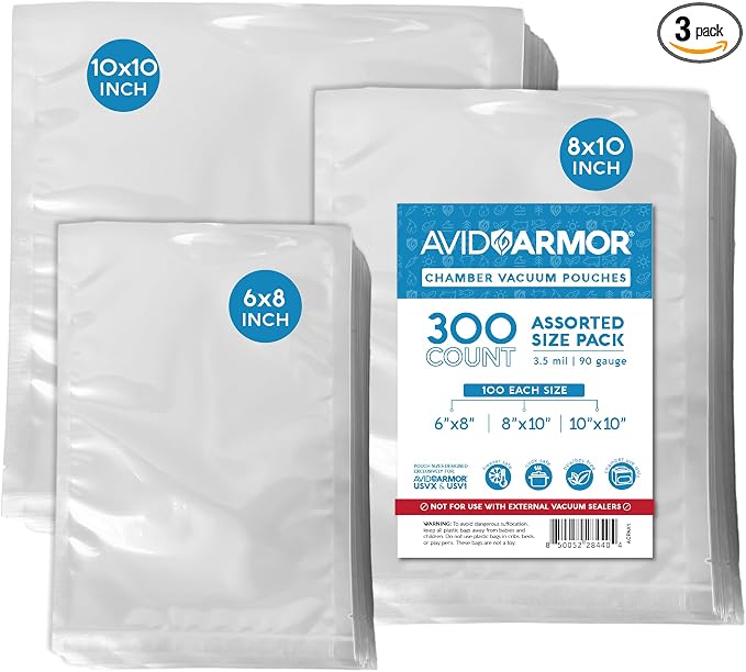Avid Armor Chamber Vacuum Sealer Bags – 6x8", 8x10" & 10x10" – 300 Pack – Heavy Duty Commercial Grade, BPA-Free Pouches for Sous Vide, Food Preservation, Meat Storage, Freezing, and Long-Term Storage