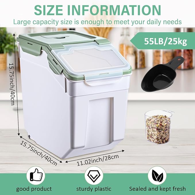 Sunnyray Flour Storage Container Bin,Rice Storage Containers with Wheels Seal Locking Lid, BPA Free with Measuring Cup Scoop for Rice Grain Pet Food Flour(55 Lbs,Green,6 Pcs)