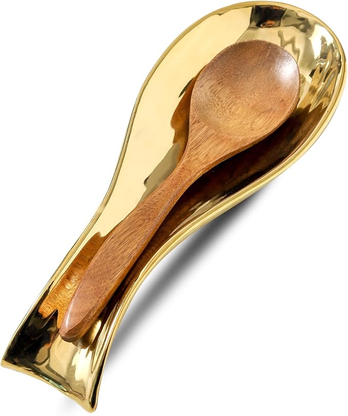Ceramic Spoon Rest for Stove Top, Large 8.7 Inch Spoon Holder for Kitchen Counter, Porcelain Utensil Rest for Ladle, Spatula, Tongs, Housewarming Gift, Dishwasher Safe and Heat-Resistant, Gold(1 PC)