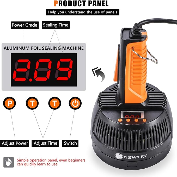 NEWTRY Handheld Induction Sealer 20-100mm Heat Bottle Cap Sealing Machine Power & Time Adjustable for Plastic Glass Bottles Caps(110V)