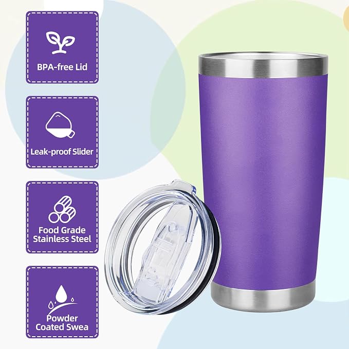 20oz Tumbler with Lid Stainless Steel Insulated Tumblers Travel Coffee Tumbler Bulk Double Wall Vacuum Insulated Water Cup Gifts for Christmas Women Men Her Him Home Office(Purple, 1pack )