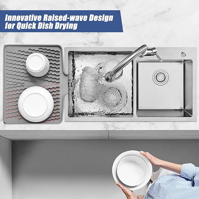 Silicone Dish Drying Mat for Kitchen Counter, Heat-resistant Dish Dryer Mat with Built-in Drain Lip ,Drain Pad Protects Surfaces Prevents Water Build UP