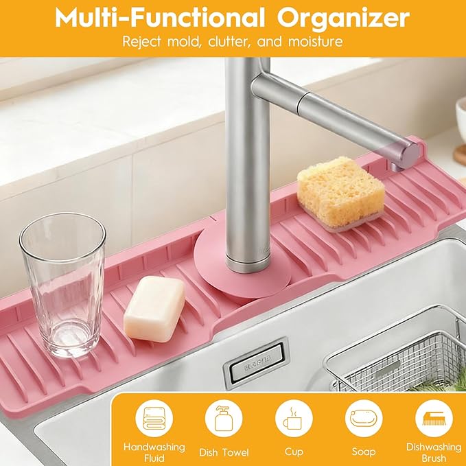 16" Silicone Faucet Mat for Kitchen Sink Released in 2026,8° Slope Fast Self-draining-Kitchen Sink Splash Guard,Bathroom Kitchen Sink Area Water Splash Guard Behind Faucet Draining Mat(Pink)