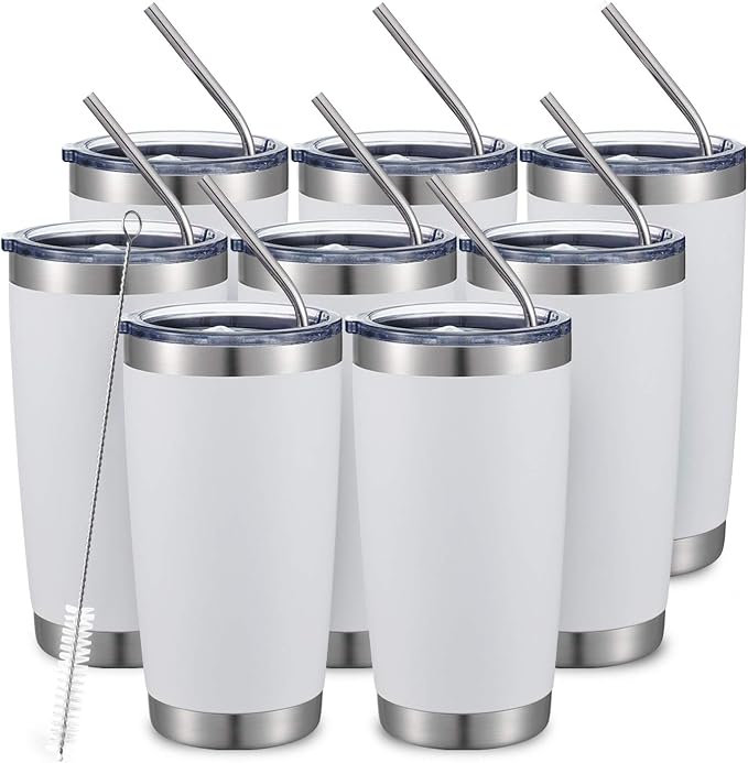 COMOOO 20oz/8Pack White Tumbler Double Wall Vacuum Insulated Coffee Travel Mug Stainless Steel Tumbler Bulk with Lid and Straw Powder Coated Insulated Coffee Cup for Cold & Hot Drinks (White, 8 Pack)