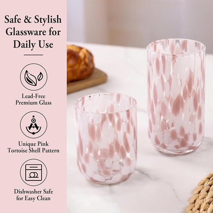 Pink Tortoise Shell Drinking Glasses Set of 4, Pink Drinking Glasses,10oz 15oz Mix Glass Cups Tortoise Shell Tumbler Cups for Wine & Drinks, Mothers Day Gifts,Gifts for My Wife (4, Mixed)