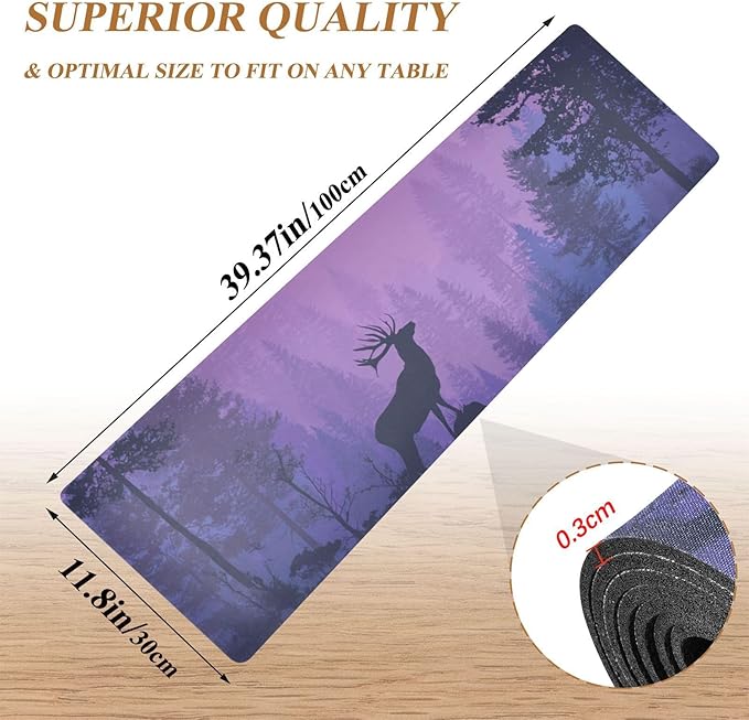 2 in 1 Table Runner Trivet for Hot Pots and Pans Heat Resistant Non Slip Waterproof 39 x 12 Inch Decorative Table Protector for Kitchen Countertop Purple Stag Mountains Moon and Trees