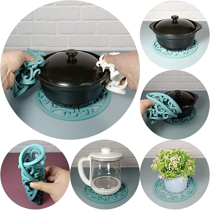 Silicone Trivets for Hot Dishes, Hot Pots and Pans, Modern Silicone Hot Pads for Kitchen, Multi-Use Intricately Carved Trivet Mat for Contertop, Green Round Pot Holders for Table Top Pack 6