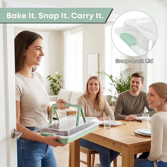 Jelly Roll Pan with Lid, 16.9"x12" Nonstick Sheet Cake Pan, 2" Deep, Snap-Lock Lid for Potluck, PFOA-Free, Oven Safe 450°F, Mint Green
