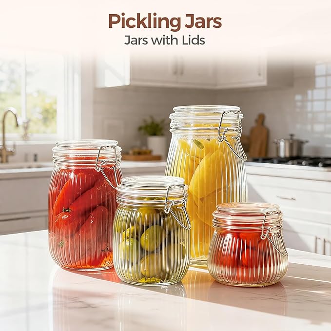 ComSaf 3pcs 50oz Ribbed Glass Jars with Airtight Clamp Lids, Large Vintage Canisters for Flour, Sugar Storage & Fermenting, Wide Mouth for Pantry Organization & Countertop Decor