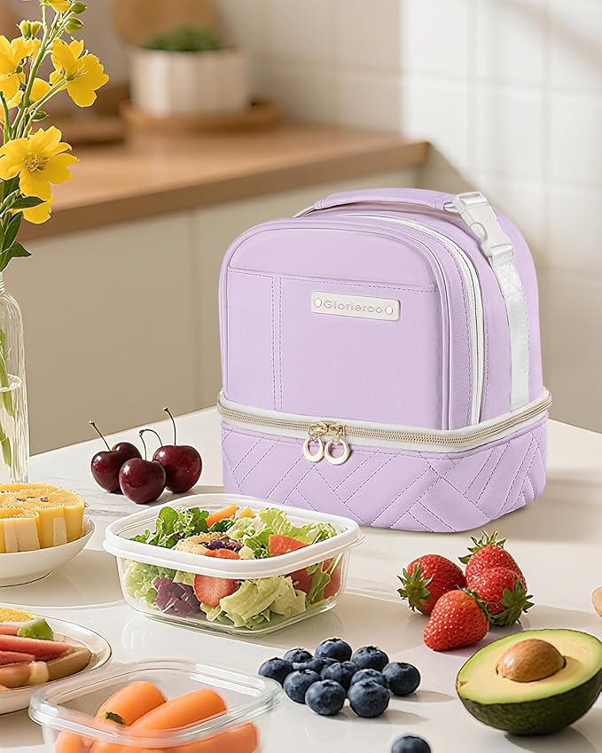 Double Deck Lunch Box Bag Women - Vegan Leather Insulated Waterproof Leakproof Cooler for Work Travel Picnics - Teacher Mothers Day Christmas Birthday Gifts