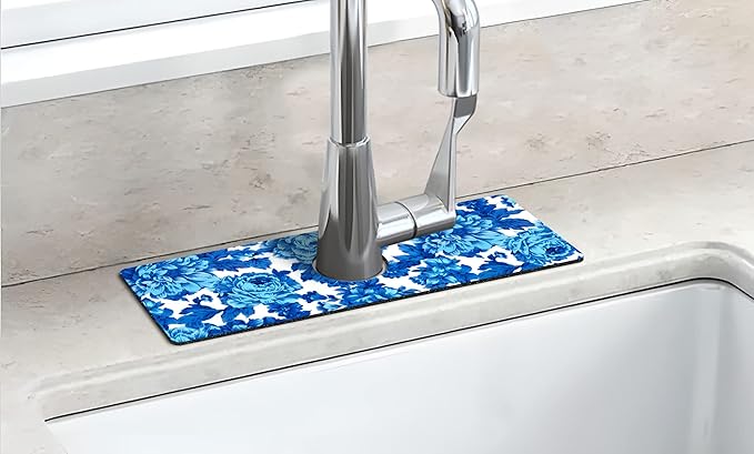 Kitchen Sink Splash Guard Faucet Mat Super Absorbent Fast Drying Mat Sink Gadgets Splash Guard Behind Faucet Drip Catcher for Kitchen (Blue Flowers, 15x5.5in)