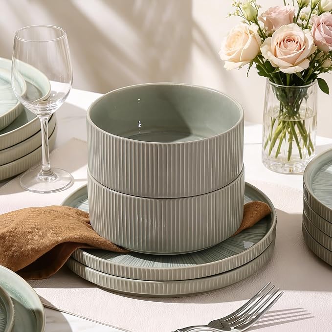 Dinnerware Sets for 4, Ceramic Plates and Bowls Set 12 Piece Dinnerware Chip Resistant Stoneware with Advanced Inkjet Printing Technology, Dishwasher and Microwave Safe-Sage Green