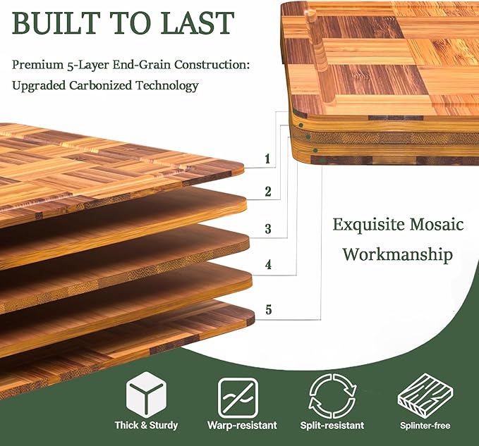 Bamboo Cutting Board Set of 3 for kitchen Checkered End Grain Chopping Boards with Storage Stand & Deeper Juice Grooves | Reversible Butcher Block for Meat, Cheese, Charcuterie & Kitchen Prep