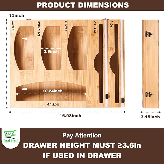 Ziplock Bag Organizer and Plastic Wrap Dispenser with cutter for Kitchen Drawer - 6 IN 1 Bamboo Ziplock Storage, Sandwich Bag Organizer, for Gallon, Quart, Sandwich, Snack