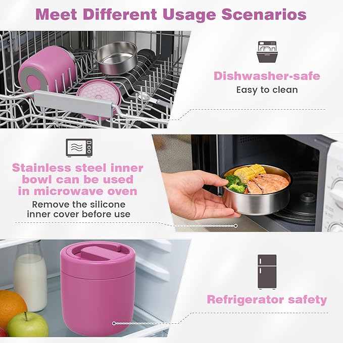 Thermo for Hot Food Adults, 40.5oz Wide Mouth Soup Thermo Lunch Containers with Spoon, Stainless Steel Vacuum Insulated Bento Lunch Box,Lunch Containers with Handle(Pink)
