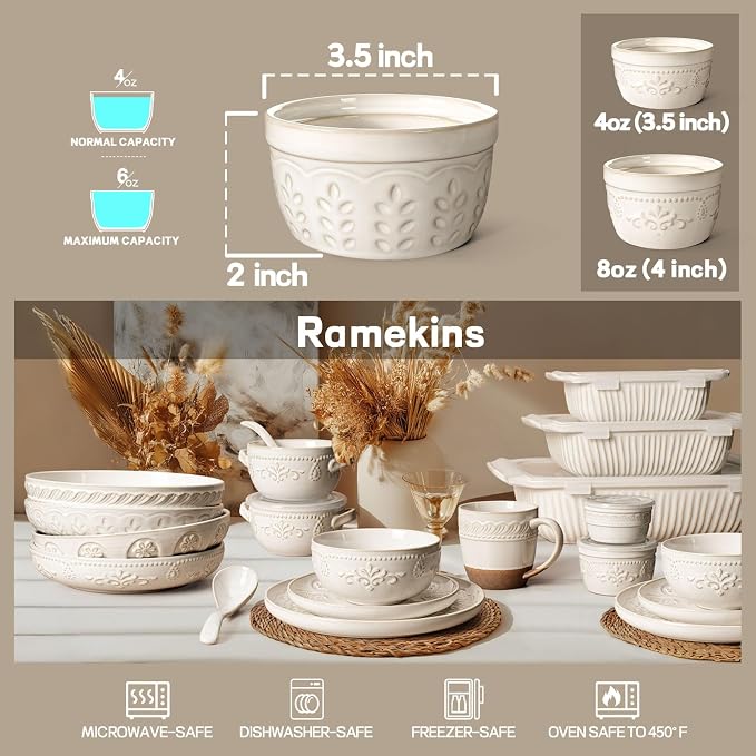 Artena Ramekins Oven Safe, Creme Brulee Ramekins, Embossed White Ceramic Souffle Pudding Custard Cups, Baking Dish, Dipping Bowls, Sauce Cups, Set Of 4 (4 oz, Wheat Leaf)