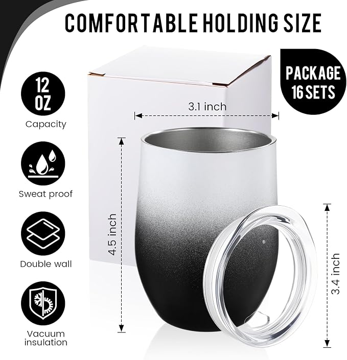 Remagr 16 Pack Stainless Steel Wine Tumblers 12 oz Insulated Vacuum Wine Cup Set Double Wall Stainless Steel Stemless Mug Glasses for Coffee Soda Whiskey Outdoor Travel (Black and White)