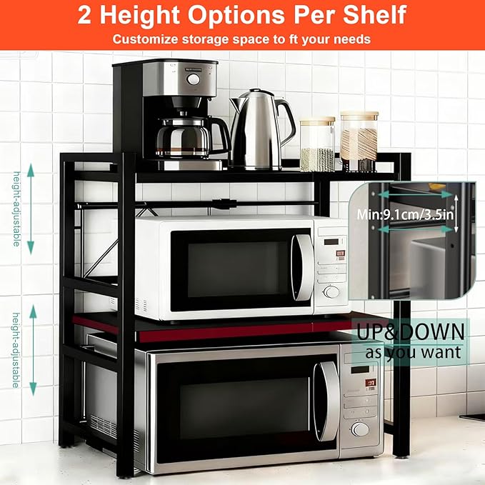 Microwave Oven Rack, Expandable Microwave Stand Countertop Shelf Heavy Duty 3-Tier Shelf with Cutting Board Holder Knife Rack and Chopstick Storage for Kitchen Top Organizer, Holds 55lbs, 6 Hooks