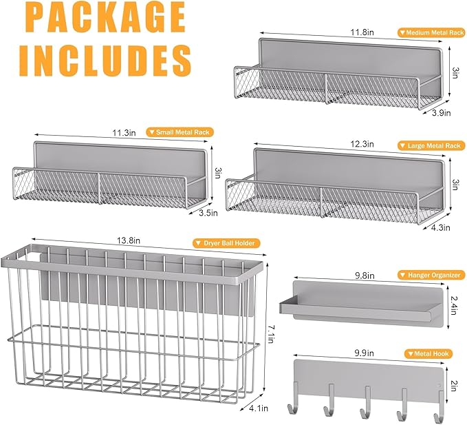 DTUQYX Laundry Organizer with Hanger 6-Pack, Magnetic Shelves for Washing Machine, Magnetic Refrigerator Shelves, Magnet Holder & Baskets, Metal Storage System for Laundry Room, Grey