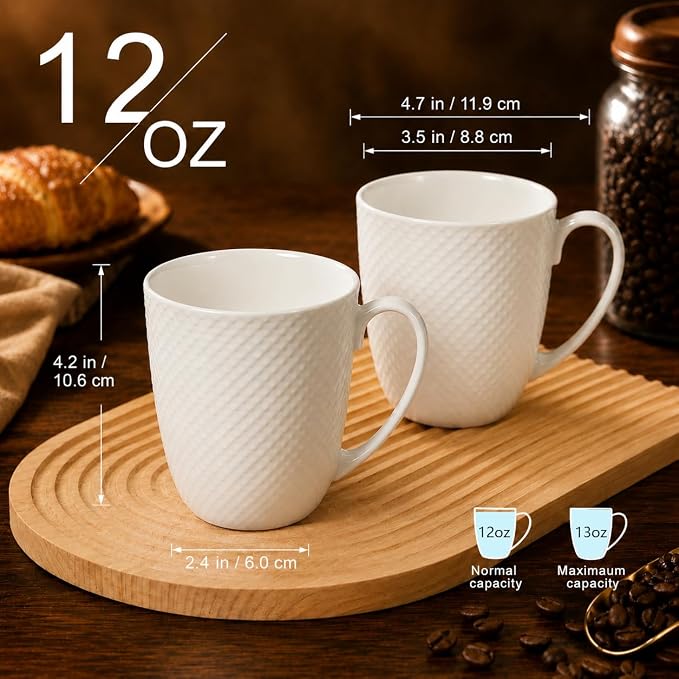 12 Oz Coffee Mugs Set of 6, Fine Bone China Mugs, White Ceramic Coffee Cups, Rhombus Relief Texture, Lightweight Tea Mugs for Latte, Hot Cocoa, Women, Men