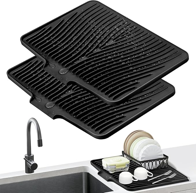 Silicone Dish Drying Mat for Kitchen Counter, Dish Drying Pad, Non-Slip Drain Pad with Built-in Drain, Heat Resistant Stone Drying Mat