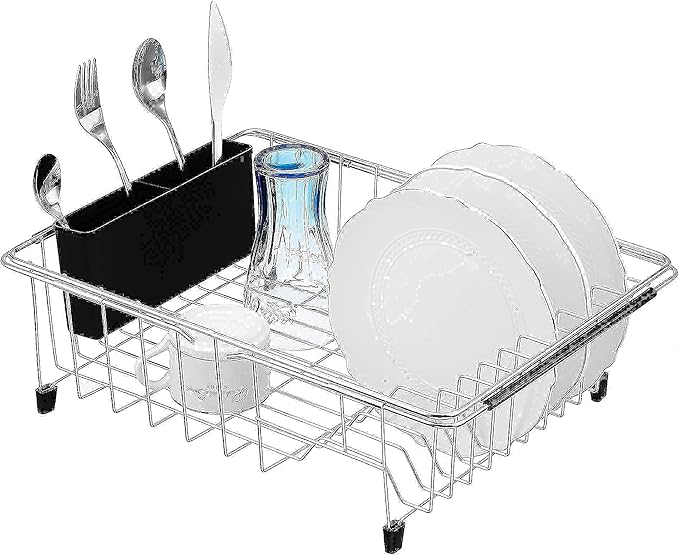 iPEGTOP Expandable Dish Drying Rack, Over The Sink Dish Rack, in Sink Or On Counter Dish Drainer with Black Utensil Holder Cutlery Tray, Rustproof Stainless Steel for Kitchen
